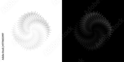 Dynamic abstract spiral sound wave rhythm lines. Circular spiral sound wave rhythm of lines. Circular futuristic abstract lines, black and white background.	