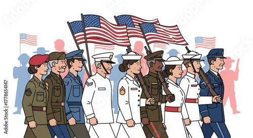 Illustration of diverse military personnel marching with American flags in various uniforms.