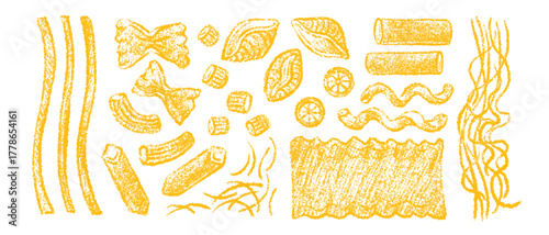 Macaroni crayon hand drawn set. Pasta sign