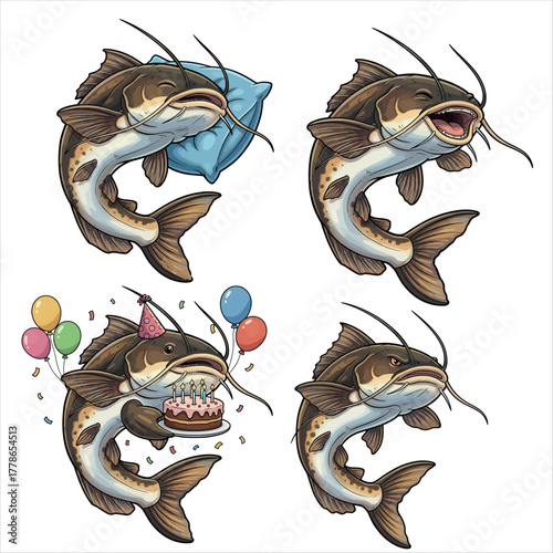 Four cartoon catfish in different situations