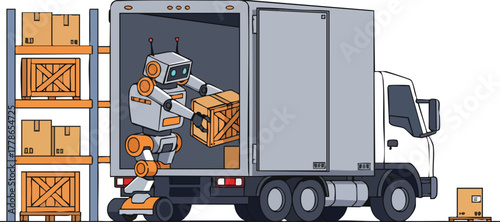 A cartoon robot loading cardboard boxes into the back of a delivery truck.