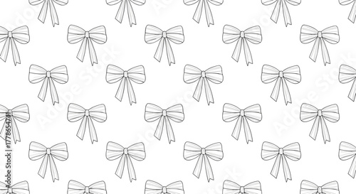 Seamless pattern of elegant monochrome bows with dashed outlines on a clean white background, creating a decorative and repetitive design.