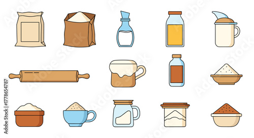 A diverse collection of baking ingredients and tools, featuring flour, sugar, oil, milk, cocoa powder, and a rolling pin, for culinary use.