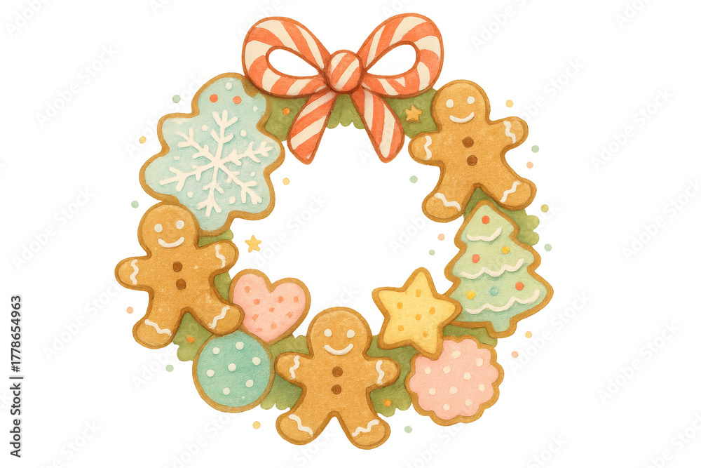 Fototapeta premium Christmas cookie wreath with gingerbread men, festive elements, and a candy cane bow, transparent background