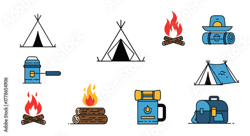 A collection of colorful flat design icons representing essential camping gear and outdoor activities for nature and adventure themes.