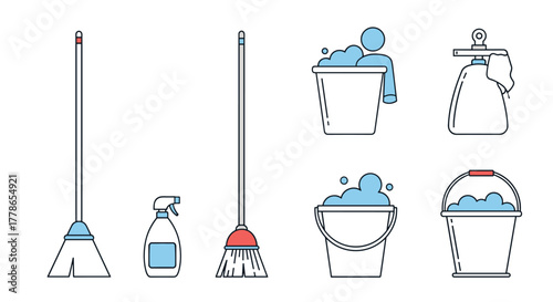 An array of essential cleaning tools and supplies, including mops, brooms, spray bottles, and buckets with soapy water, ready for household chores.