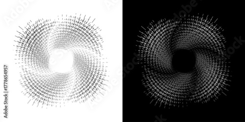 Dynamic abstract spiral sound wave rhythm lines. Circular spiral sound wave rhythm of lines. Circular futuristic abstract lines, black and white background.	