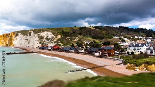 Scenic coastal town nestling beside cliffs, beach, and a dramatic, cloud-streaked sky
