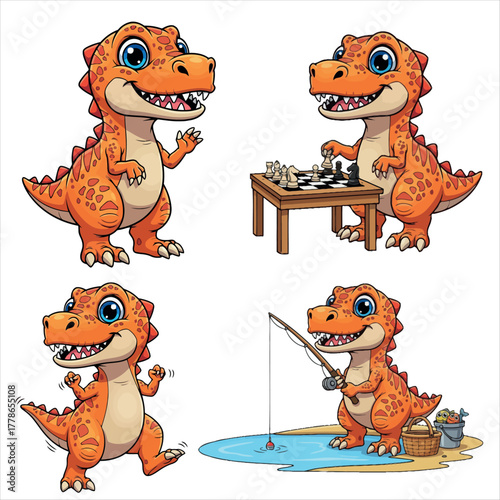 Set of cartoon dinosaur character in different poses and activities