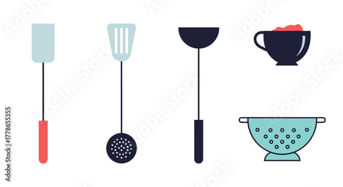 A collection of colorful minimalist kitchen utensils and cooking tools, including spatulas, ladles, a cup, and a colander, on a white background.