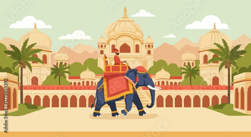 traditional illustration of temple, pillar arch, tropical plant, elephant, tree, palm,