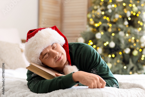 Young man in Santa hat slee...