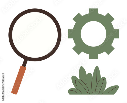 Magnifying glass, gear, and leafy plant emphasizing discovery, innovation, sustainability, growth, technology, problem-solving research. Ideal for strategy nature-tech synergy simple flat metaphor