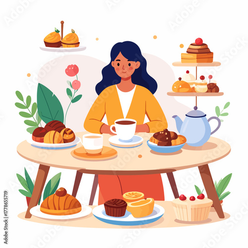 Smiling woman with dark wavy hair enjoying a delightful afternoon tea party with cakes and pastries.