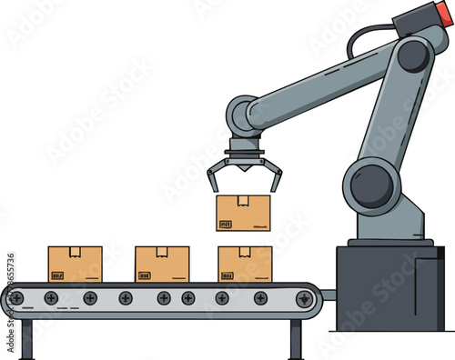 A robotic arm places a cardboard box on a conveyor belt with other boxes.
