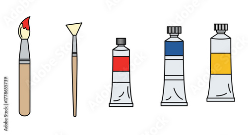 A collection of artist's paintbrushes and vibrant tubes of red, blue, and yellow paint, ready for creative work.