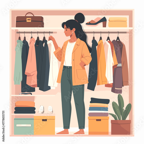 Stylish young woman selecting outfit from her organized closet, standing barefoot, long dark hair.