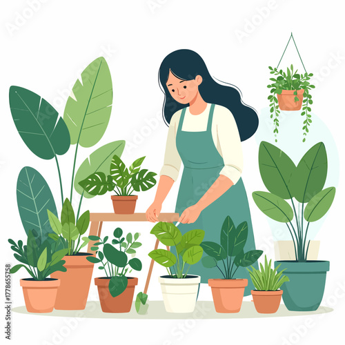 Smiling young woman in apron tending her diverse potted houseplants, surrounded by lush green foliage, enjoying indoor gardening.