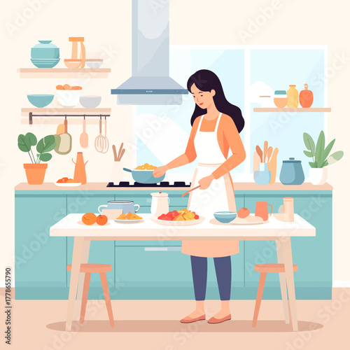 Woman in Apron Cooking Delicious Meal in a Modern Kitchen.