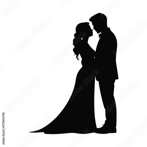 Bride and groom silhouette dancing in wedding celebration vector illustration