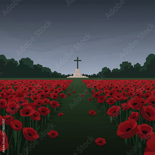 Illustration of a serene field of red poppies leading to a white war memorial with a large cross against a dark blue sky.