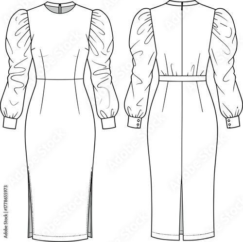 Long sleeve puff dress front and back cad flat sketch, technical fashion illustration, vector template, formal wear, stylish design drawing