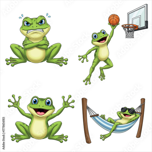 Cute green frog cartoon character in different poses