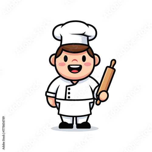 Cute cartoon chef character in a white uniform and toque smiling happily while holding a wooden rolling pin.