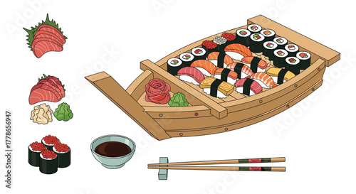Authentic sushi boat platter overflowing with delicious nigiri, maki, and sashimi ready to enjoy for a delicious Japanese meal experience