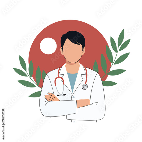 Faceless male doctor in a white lab coat with a stethoscope and crossed arms.