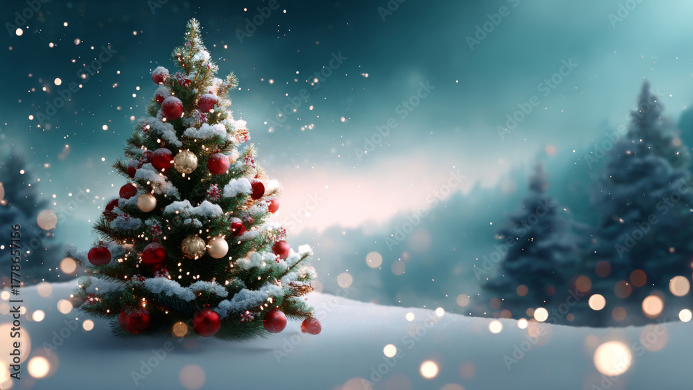 Obraz premium Decorated Christmas tree with snow and bokeh lights. Winter holiday celebration. Happy New Year background. Festive seasonal greeting card.