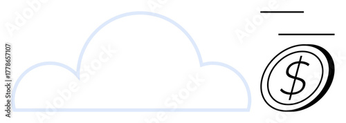 Simplistic cloud shape, dollar coin, and dash lines indicate financial growth, online payments, cloud computing, cost savings. Ideal for finance, technology, e-commerce startup savings abstract