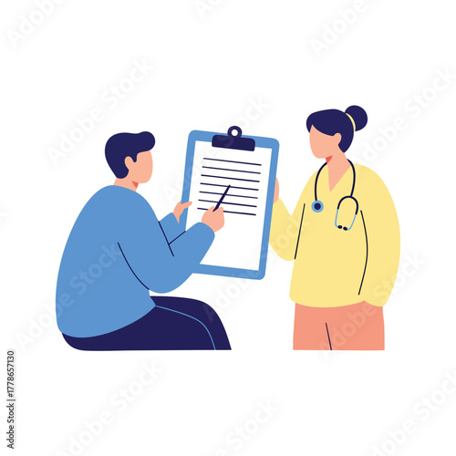 Female doctor with stethoscope consulting a male patient pointing at a medical clipboard.