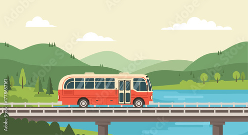 Vintage orange bus driving over a bridge with a scenic mountain backdrop, perfect for travel, transportation, or adventure themes