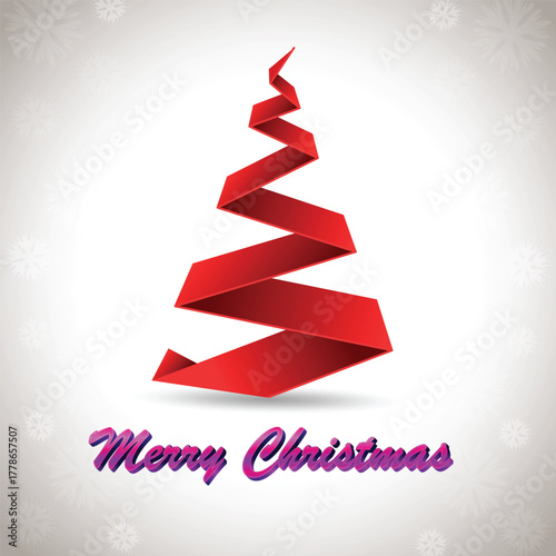 Elegant Red Ribbon Christmas Tree Design with Merry Christmas Text for Holiday Greeting Cards, Festive Backgrounds, and Winter Celebration Stock Image