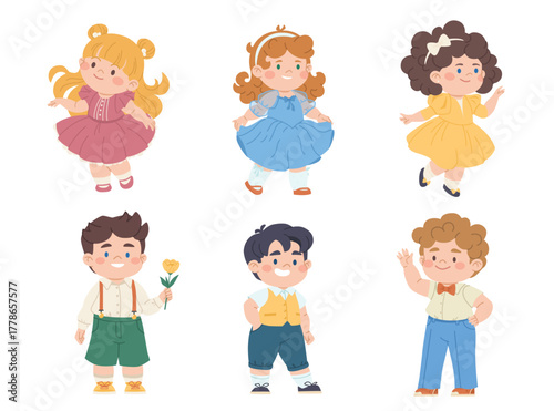 Smiling children in evening dresses and suits. Happy boys and girls in beautiful clothes. Children's characters at a party. Vector illustration