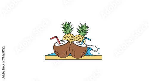 Tropical coconut drinks and pineapple delights on a sandy beach, perfect for summer vibes and vacation dreams