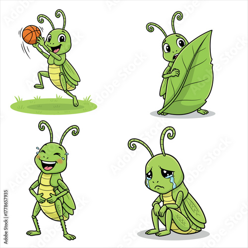 Set of cartoon grasshopper character in different situations