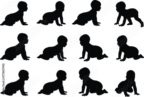 Silhouette of crawling baby in multiple positions, vector illustration isolated on white background, infant movement collection for childcare and parenting design concept