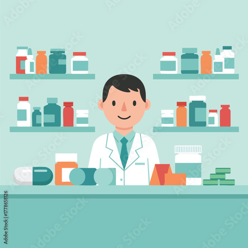 Friendly male pharmacist in a white lab coat smiling behind a pharmacy counter with shelves of colorful medicines.