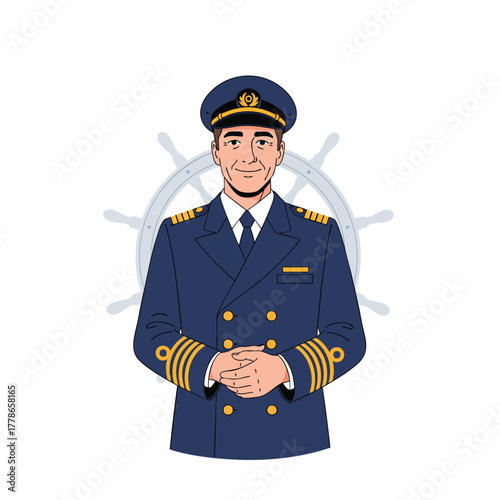 Friendly Male Ship Captain in a Blue DoubleBreasted Uniform and Peaked Cap.