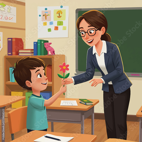 A cartoon illustration of a smiling teacher giving a flower to a happy student in a classroom with desks and a chalkboard.