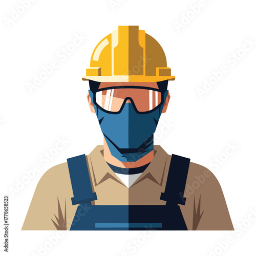 Illustrated male industrial worker wearing a yellow hard hat safety goggles and a blue face mask.