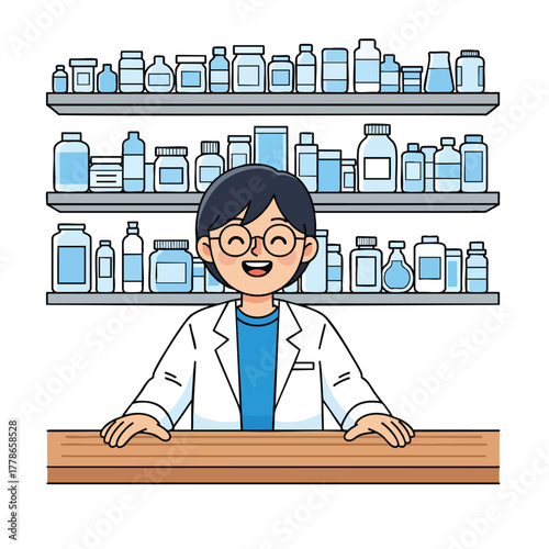 Illustrated friendly pharmacist with glasses and a white coat smiling behind a counter.