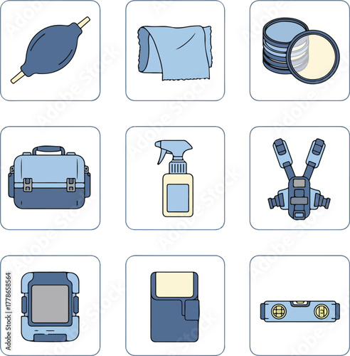 Items related to photography cleaning carrying and usage. Suitable for photography equipment maintenance graphics or articles on camera care.