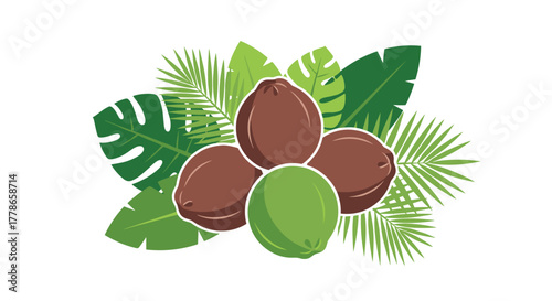 Tropical vibes with fresh coconuts and lush palm leaves for summer promotions and exotic food concepts, perfect for branding and design