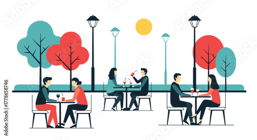 Couples enjoy drinks and conversation at an outdoor cafe with trees, street lamps, and a sun in the background.