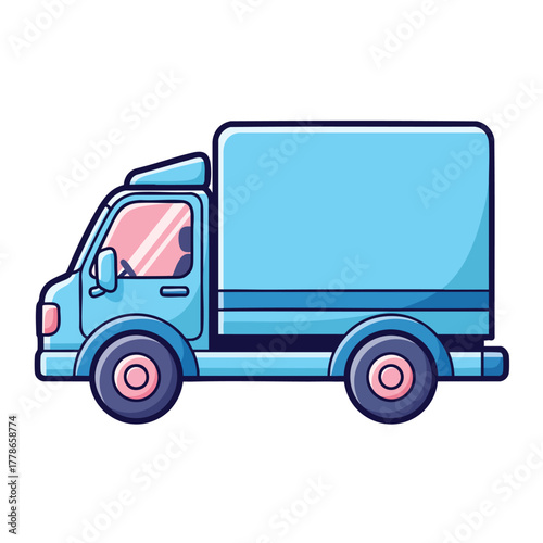 Light blue cartoon delivery box truck with purple accents shown in a side profile view.