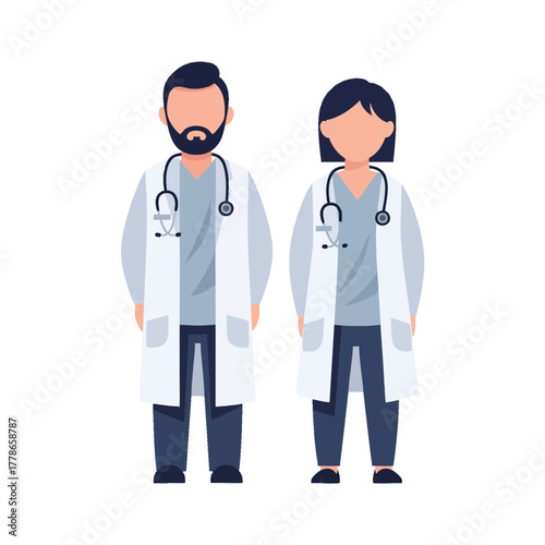 Male and female doctor characters in white lab coats and scrubs standing together with stethoscopes flat vector illustration.