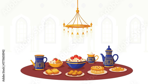 Delicious Middle Eastern desserts and tea service set for Ramadan celebration in elegant setting, perfect for cultural events and family gatherings